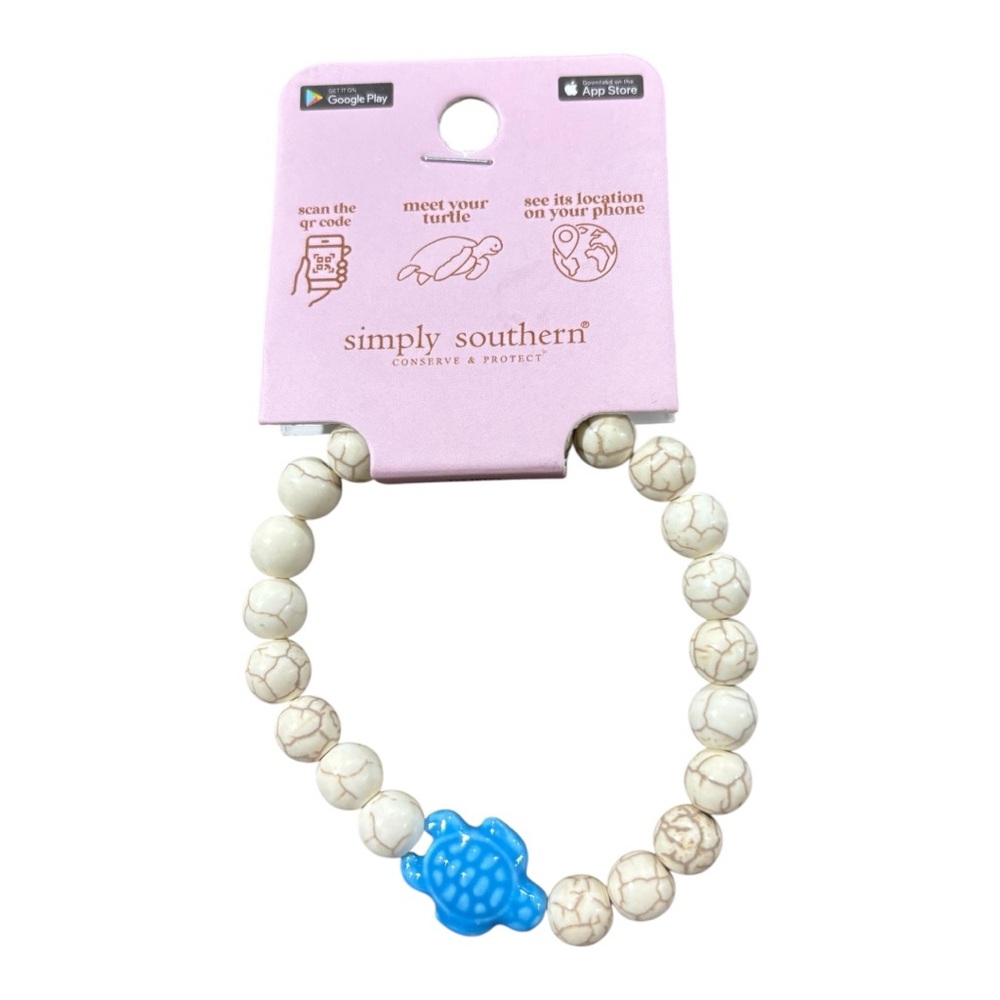 Simply Southern Cream Beaded Blue Sea Turtle Charm Tracker Bracelet